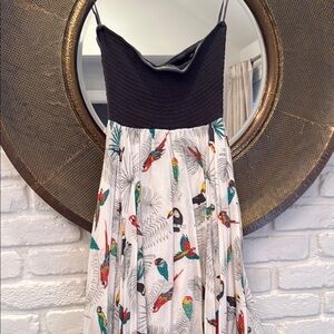 Animal Strapless Dress with Parrot Print - Black and Cream